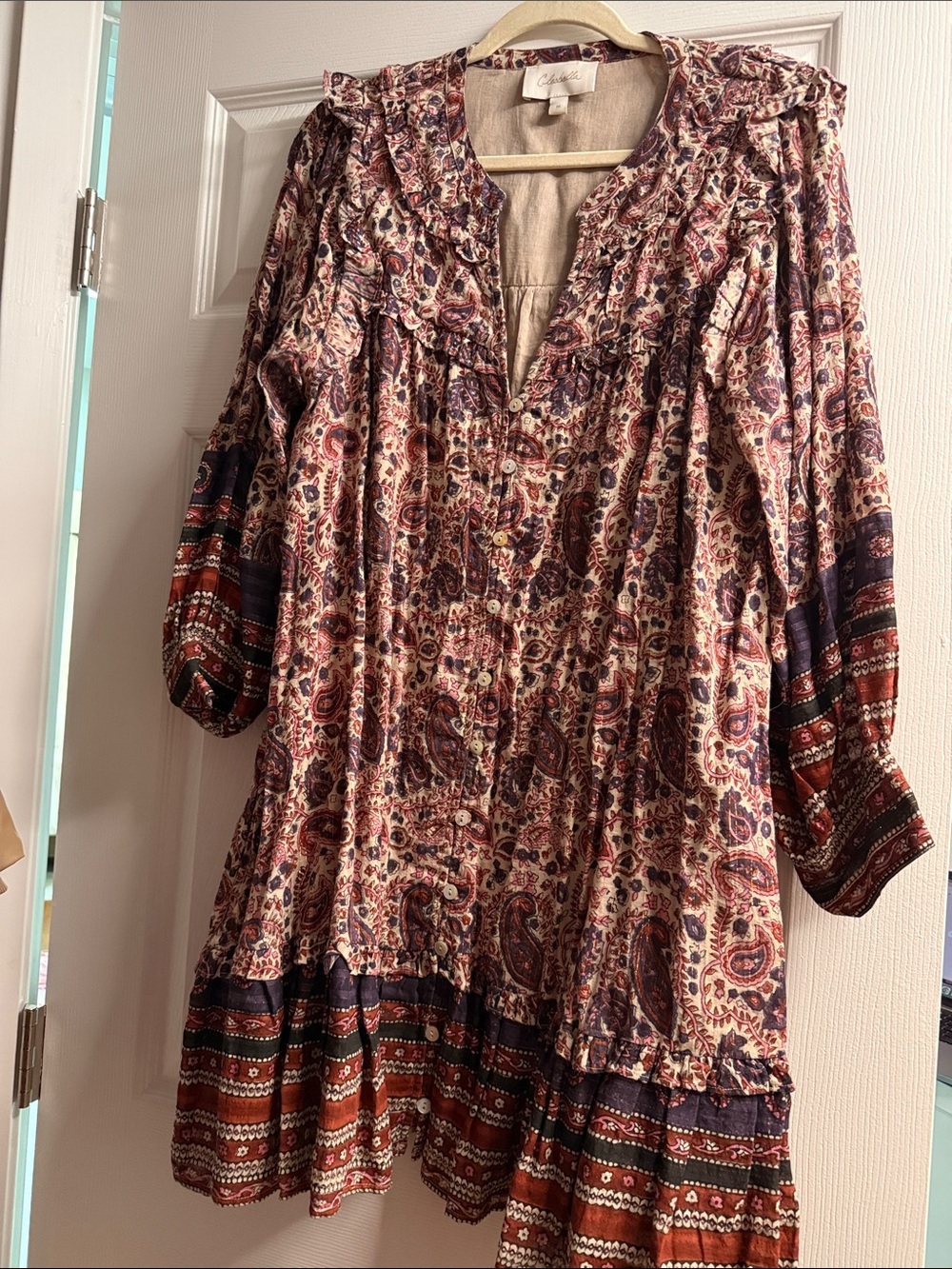 Cleobella Paisley Ruffle Mini Dress in Cream, Burgundy & Navy